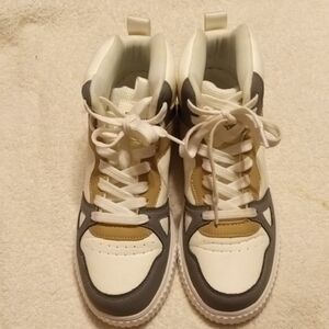 White Gray And Tan High Top Sneakers